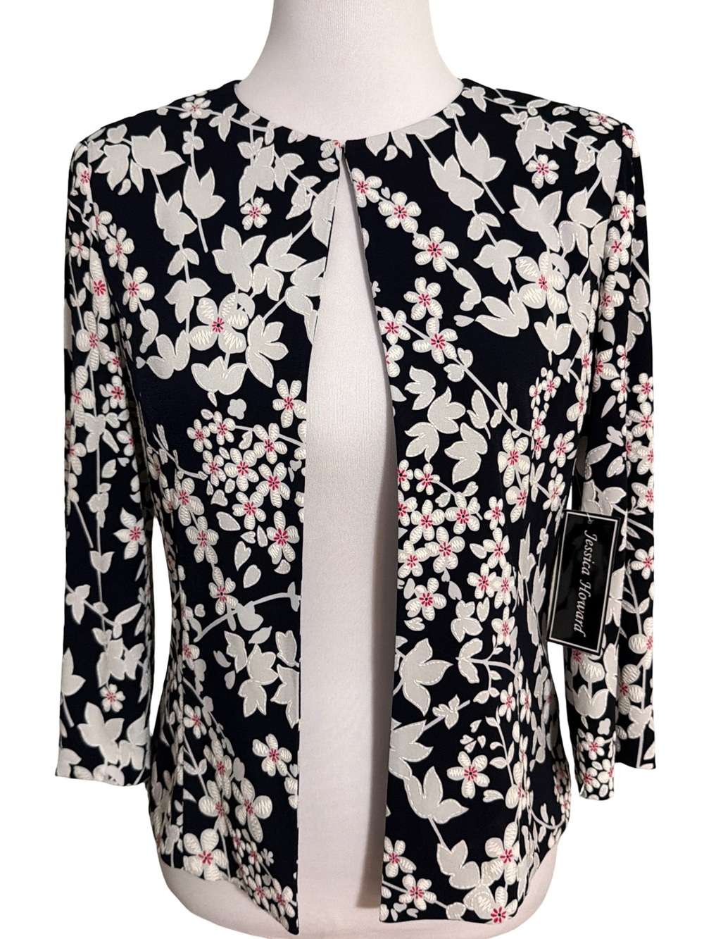 Jessica Howard Black Floral Open-Front Cardigan with Pink Accents